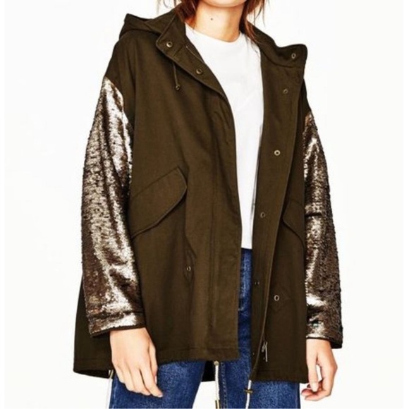 Zara Color-Changing Sequin Sleeve Parka Olive Green Utility Jacket Shiny Size S - Picture 15 of 15